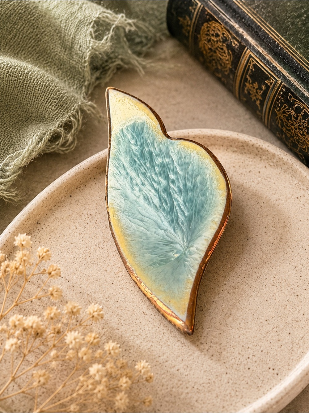 Vintage Enamel Leaf Brooch Aqua Blue Gold Tone Statement Pin Cottagecore F
